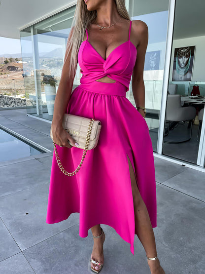 Pocketed Cutout Slit Midi Dress