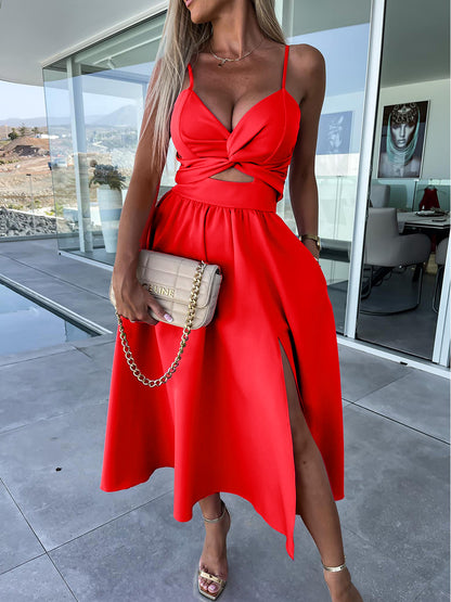 Pocketed Cutout Slit Midi Dress