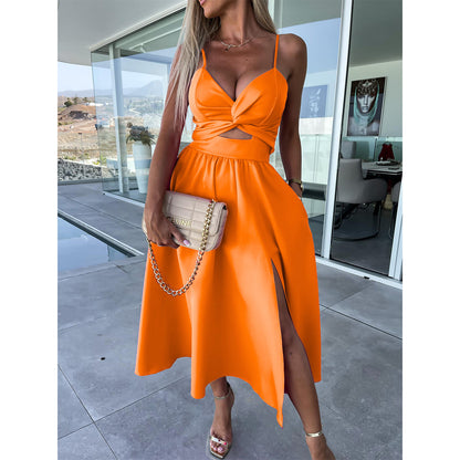 Pocketed Cutout Slit Midi Dress