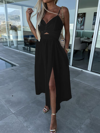 Pocketed Cutout Slit Midi Dress