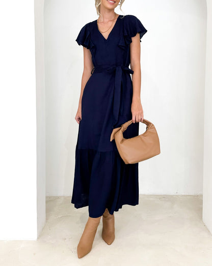 Solid Color V-neck Ruffle Sleeve Dress