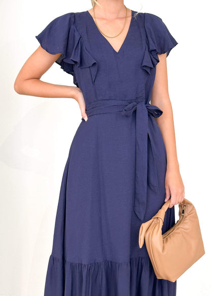 Solid Color V-neck Ruffle Sleeve Dress