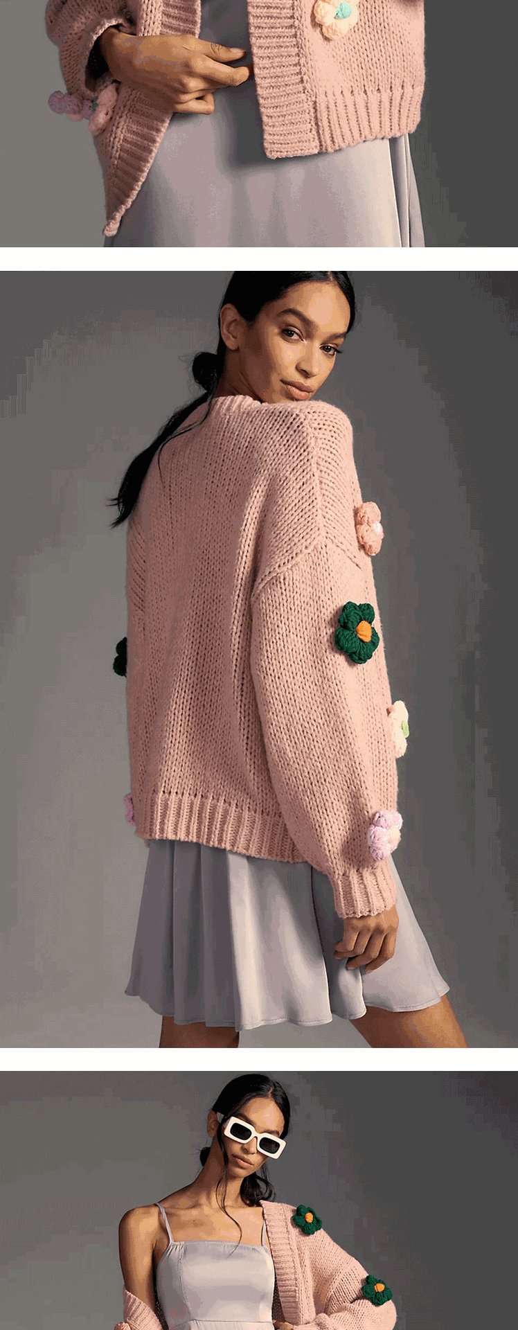 Flower Lantern Sleeve Knitted Cardigan