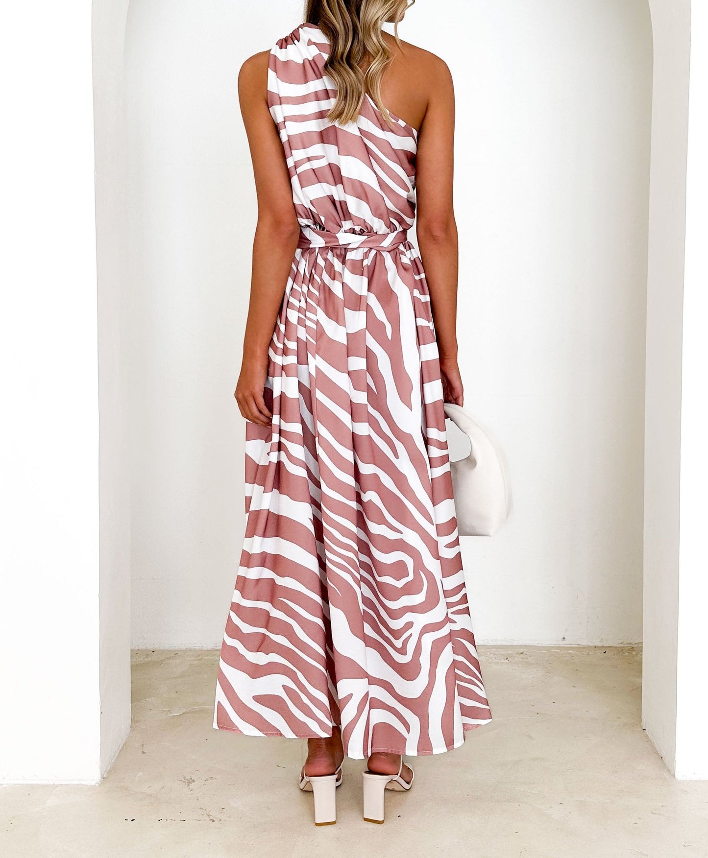 Slant Shoulder Striped Printed Dress