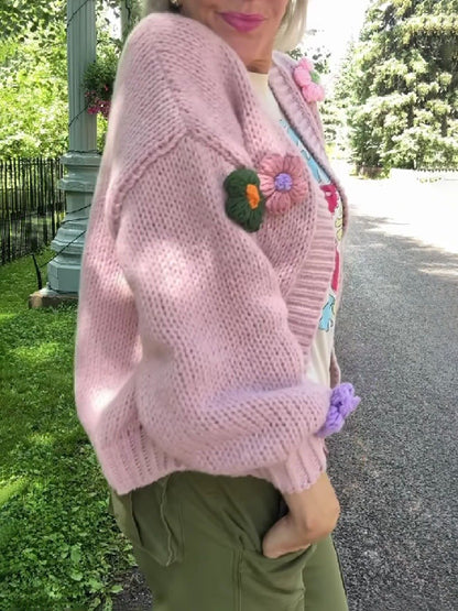Flower Lantern Sleeve Knitted Cardigan