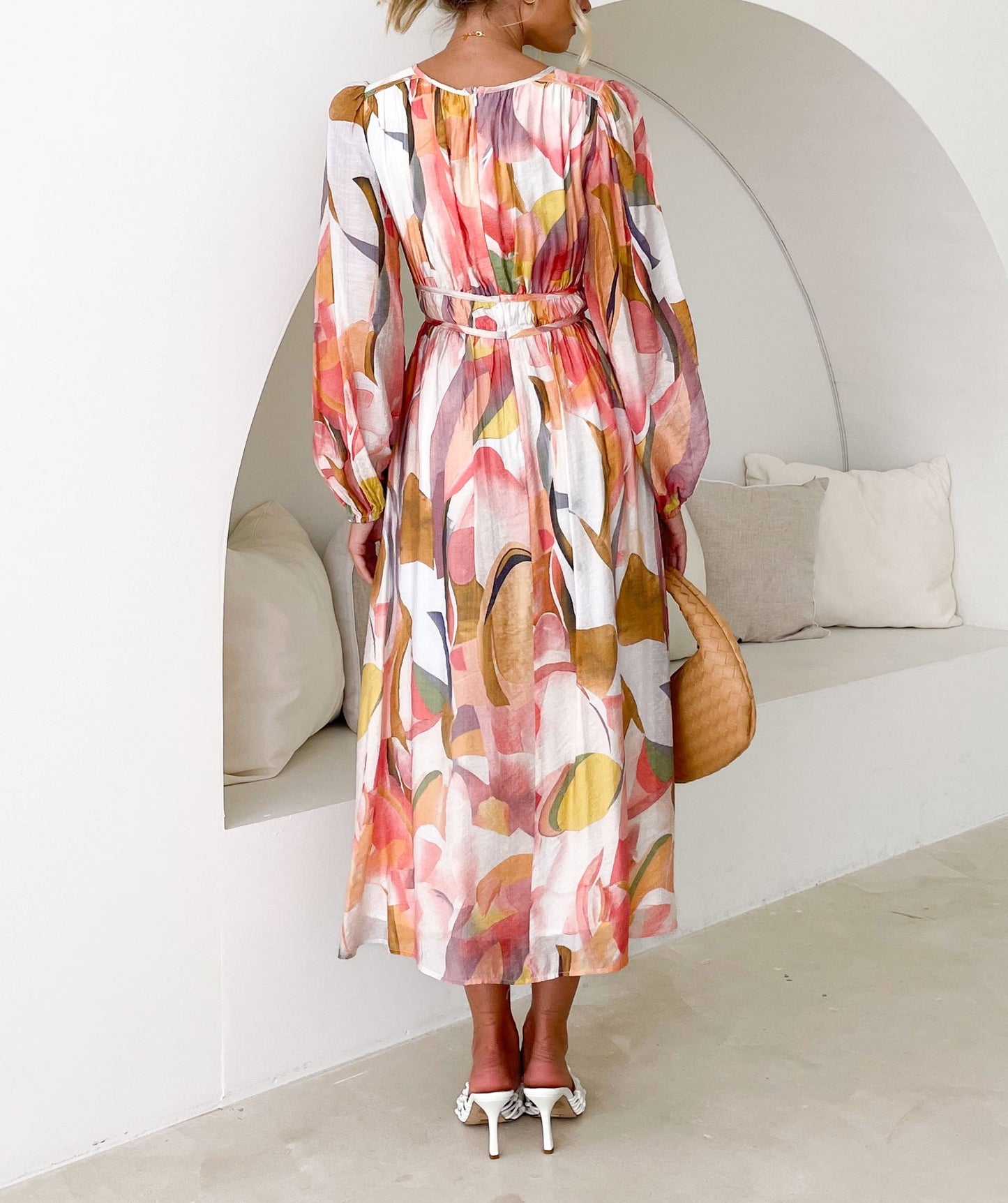 V-neck High Waist Abstract Print Dress