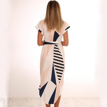 Women's Floral Geometric Pattern Short Sleeve Midi V-Neck Casual Dress