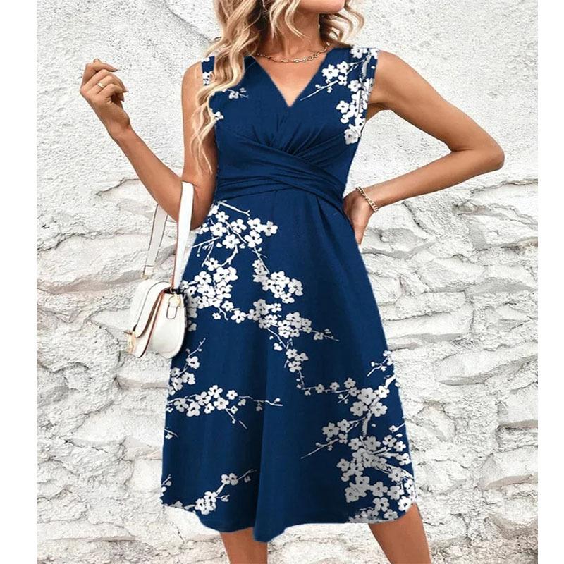 White Cherry Blossom Royal Blue Twisted Front Midi Dress