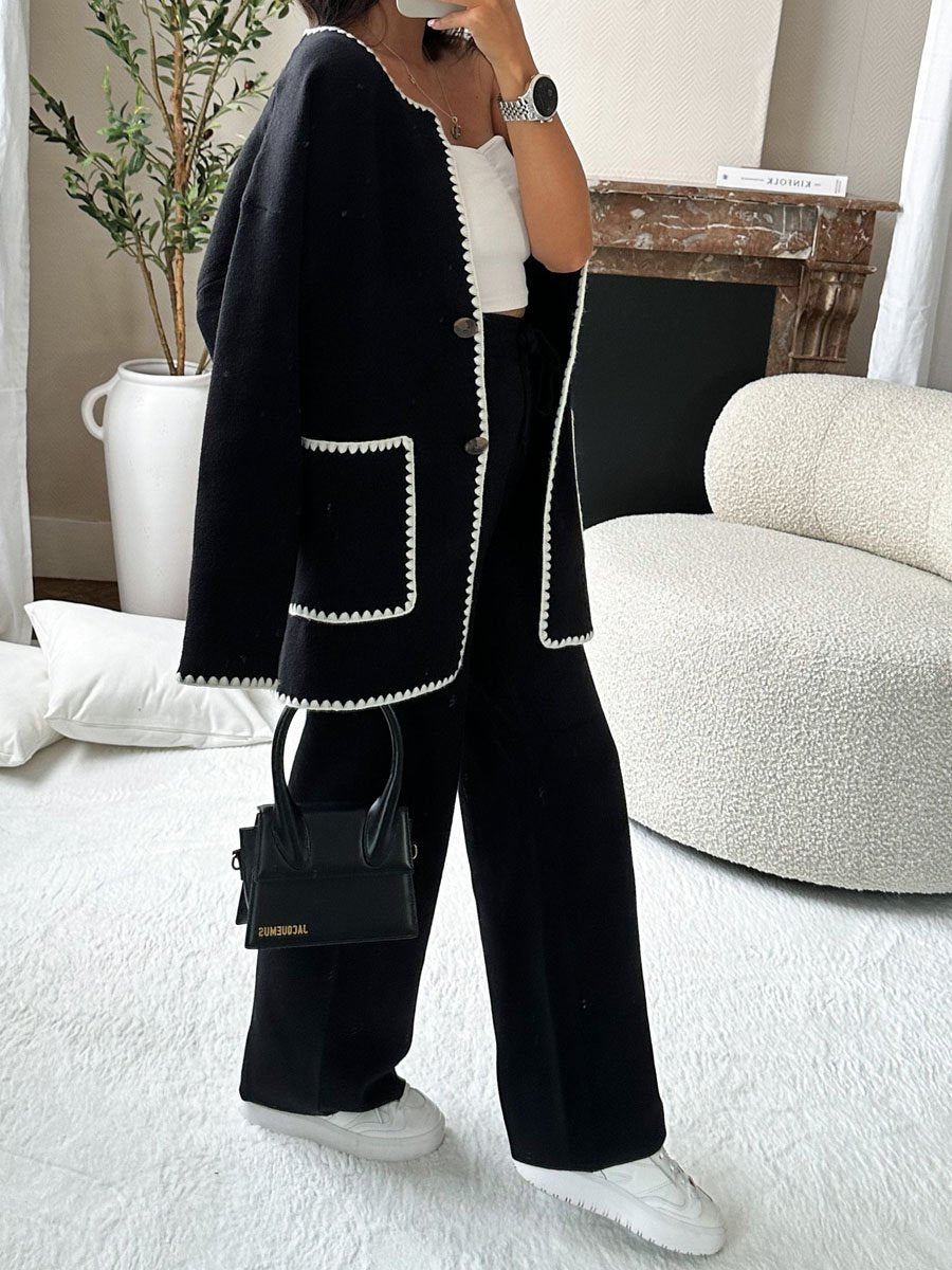 Elegant Button Crewneck Loose Colorblock Knit Jacket