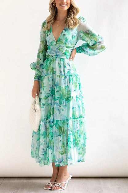 Floral Balloon Sleeves Maxi Dress