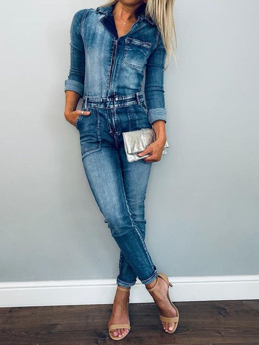 Denim Zip Up Long Sleeve Jumpsuit