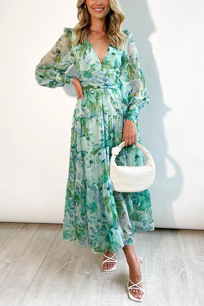 Floral Balloon Sleeves Maxi Dress