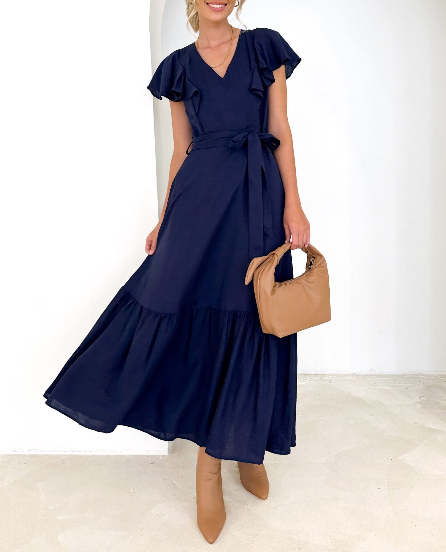 Solid Color V-neck Ruffle Sleeve Dress