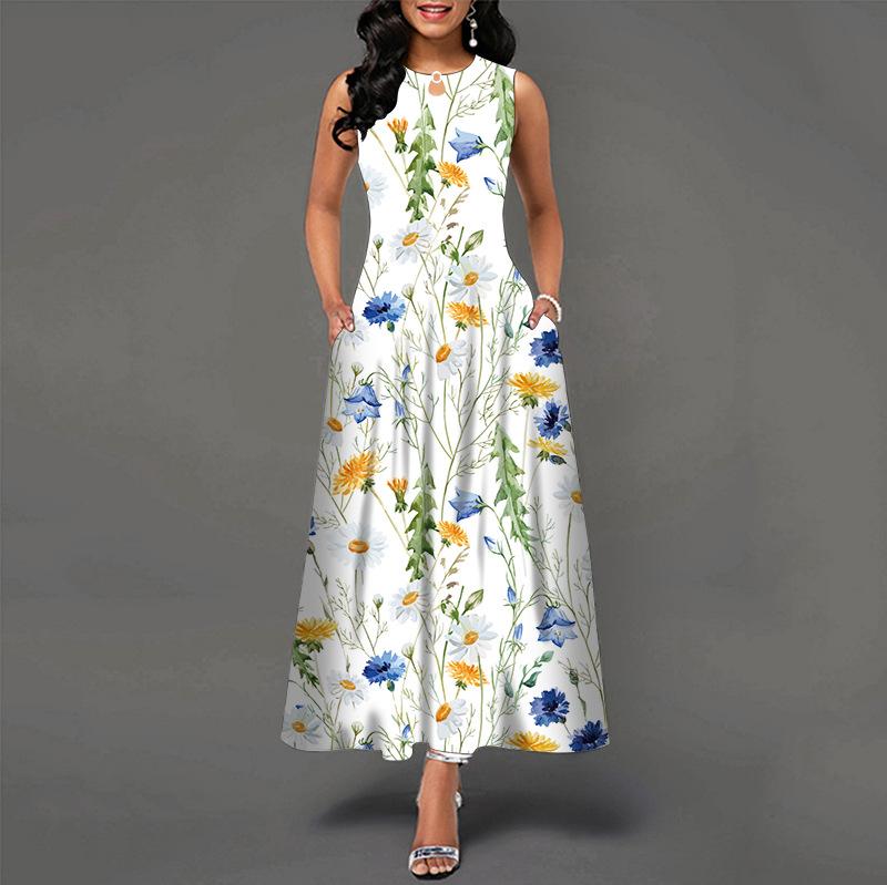 Casual Floral Print Crew Neck Sleeveless Maxi Dress