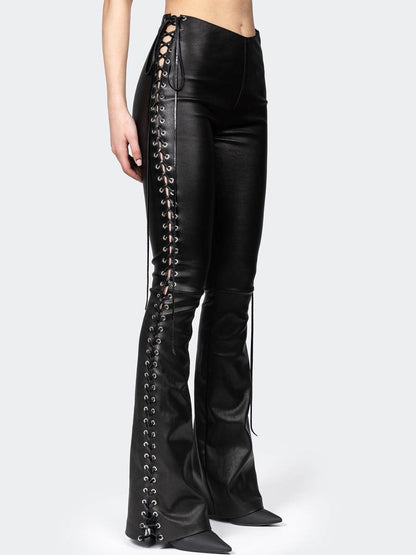 Flared Side-lace Detail Leather Pants