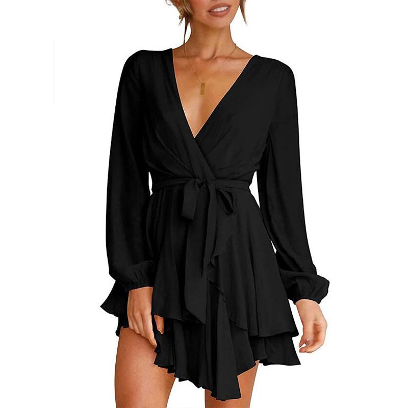 Deep V-Neck Long Sleeve Waist Tie Ruffle Mini Swing Dresses