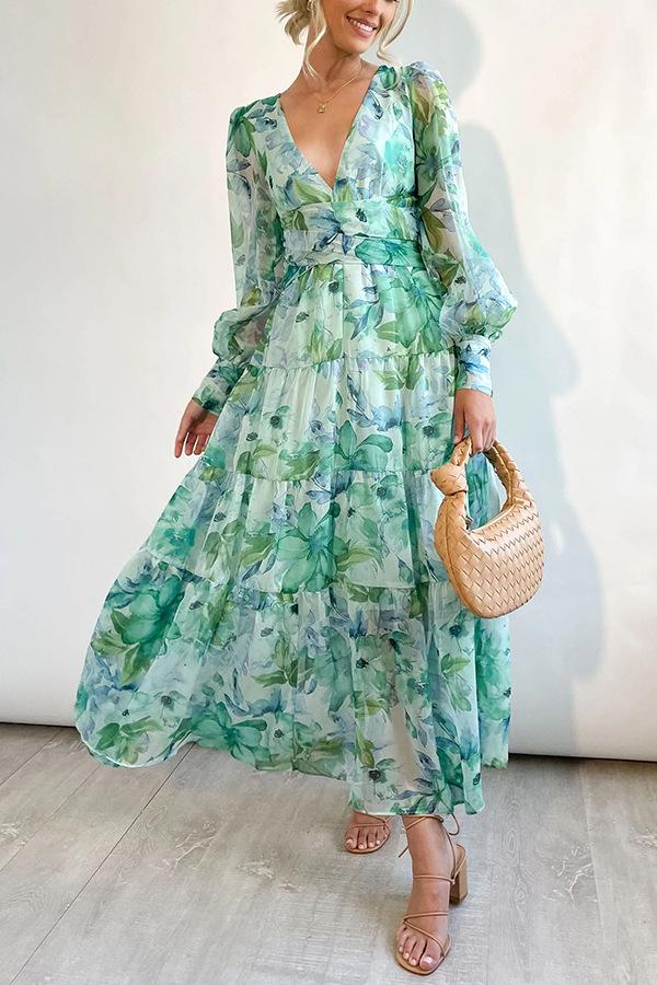 Floral Balloon Sleeves Maxi Dress