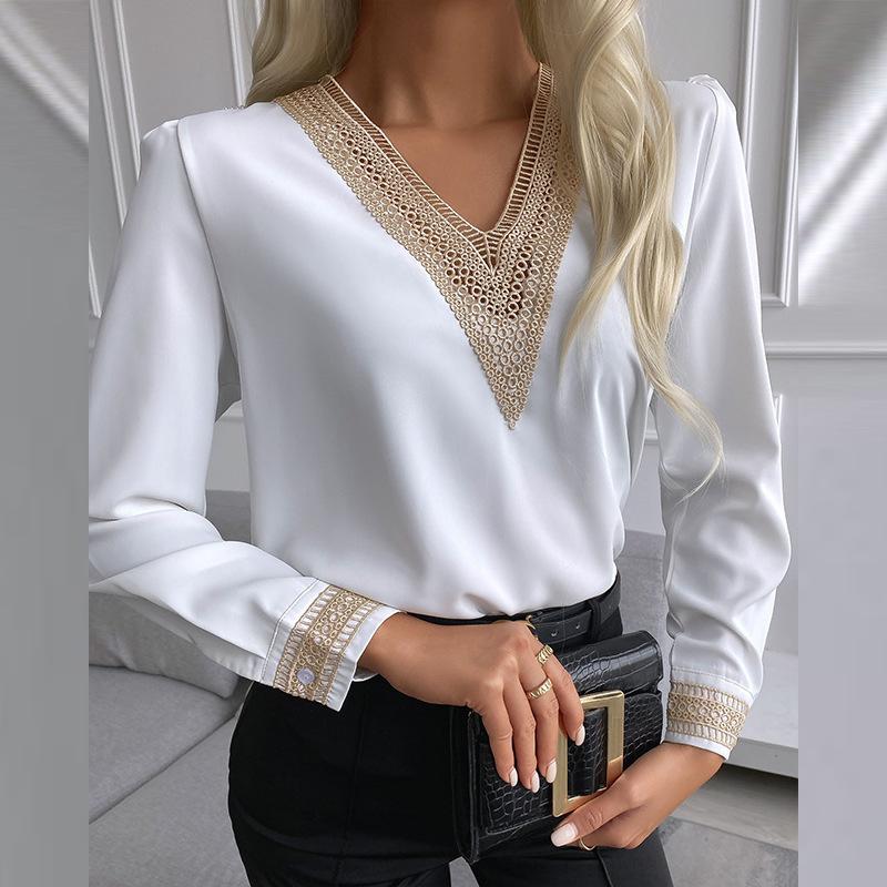 Lace V-neck White Women's Long-Sleeved Shirt