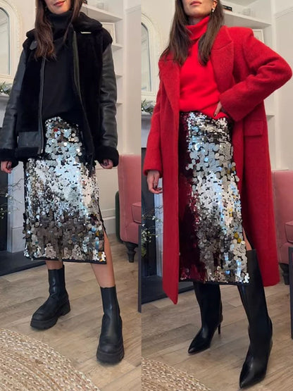 Elegant Split Sequin Skirt