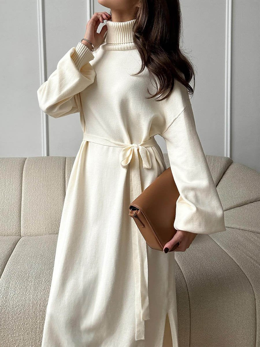 Turtleneck Lace Up Knitted Midi Dress