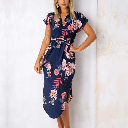 Womens Summer Casual V-Neck Floral Print Geometric Pattern Belted Dresses