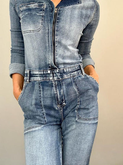 Denim Zip Up Long Sleeve Jumpsuit