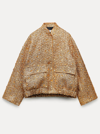 Sequin High Collar Long Sleeve Jacket