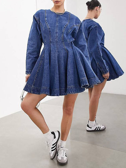 Denim Long Sleeve Patchwork Mini Dress