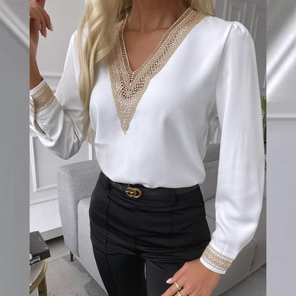 Lace V-neck White Women's Long-Sleeved Shirt