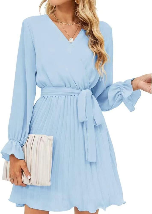 Womens Wrap V Neck Dresses for Wedding Guest Casual Pleated Long Sleeve Mini Dress