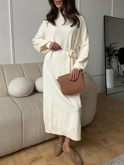 Turtleneck Lace Up Knitted Midi Dress