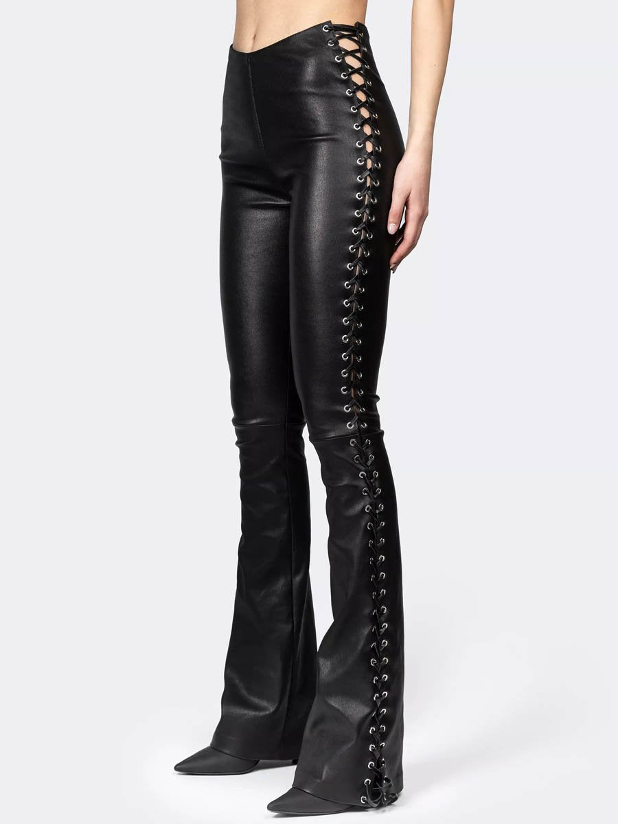 Flared Side-lace Detail Leather Pants