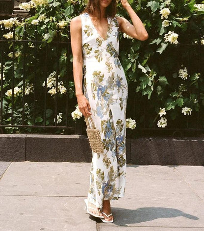 Ivory Sexy V-Neck Floral Dress