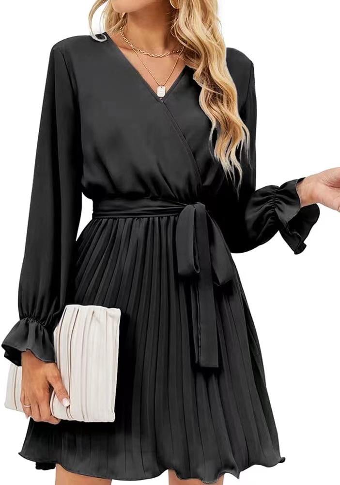 Womens Wrap V Neck Dresses for Wedding Guest Casual Pleated Long Sleeve Mini Dress