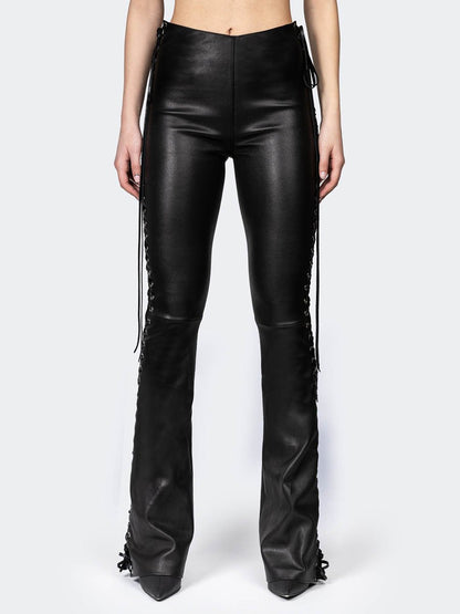 Flared Side-lace Detail Leather Pants