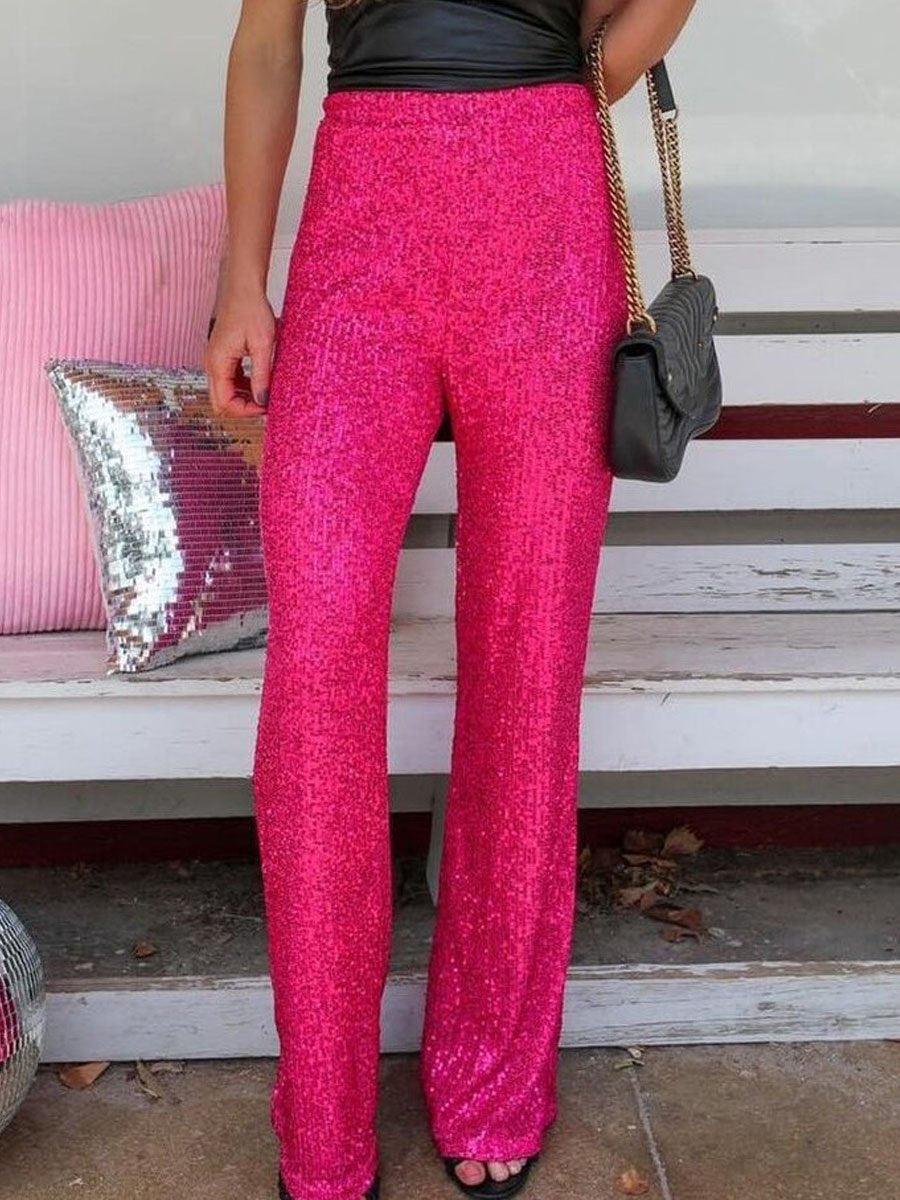 Solid Sequin Fashion Casual Straight Pants