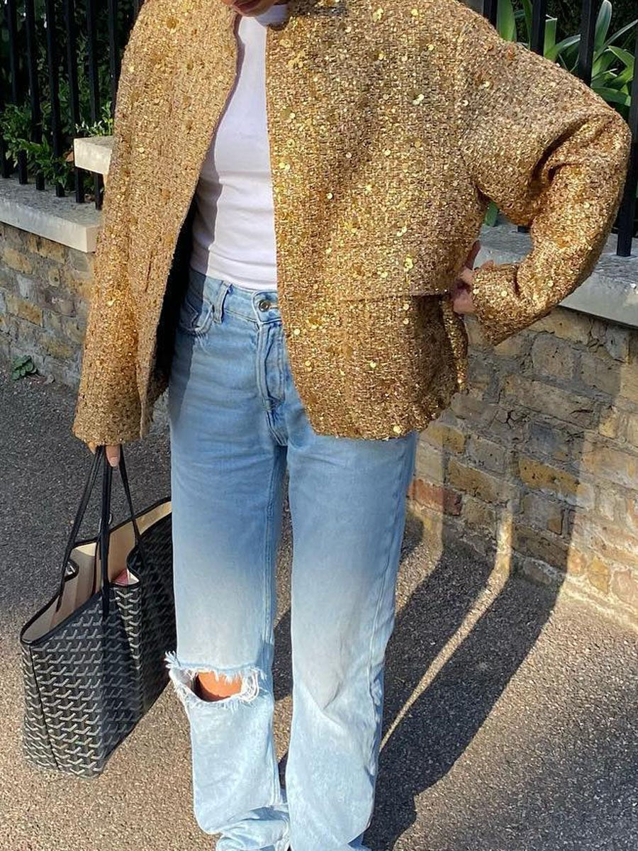 Sequin High Collar Long Sleeve Jacket