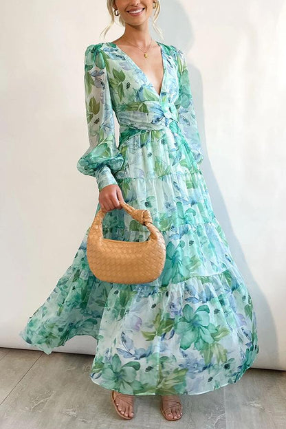 Floral Balloon Sleeves Maxi Dress