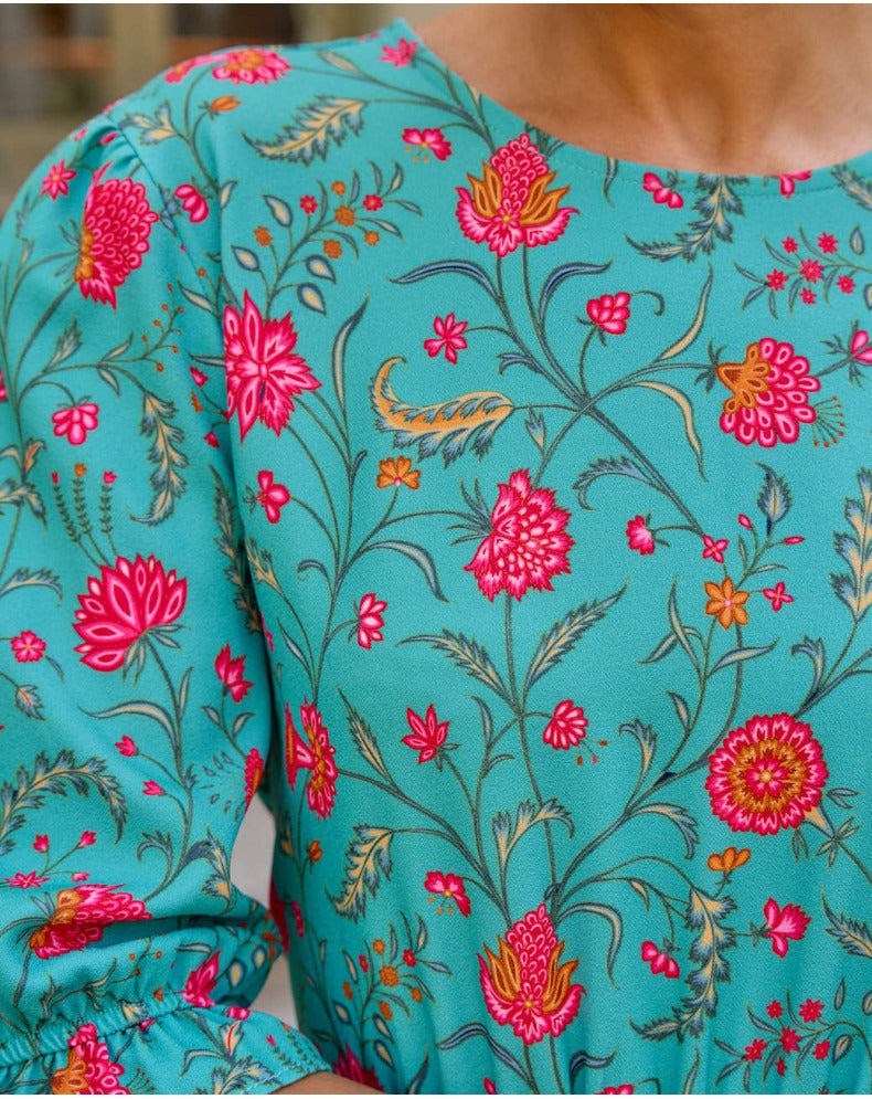 Floral Print In Turquoise Midi Dress