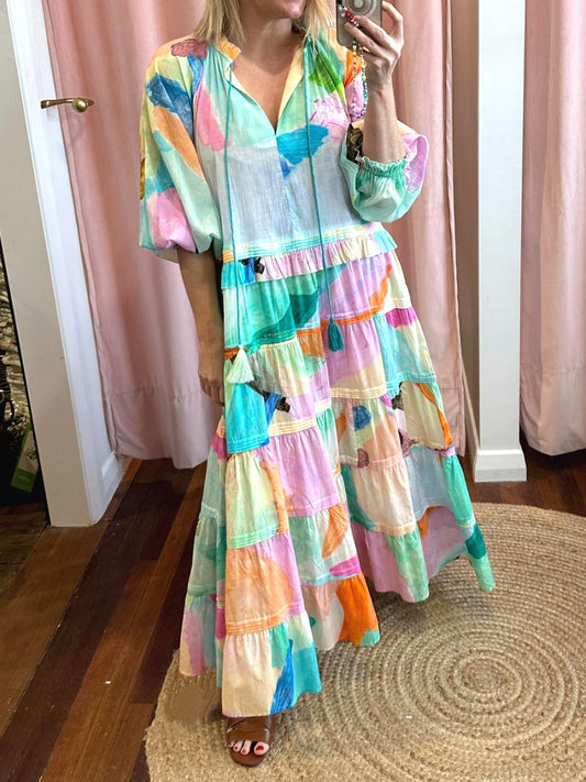 Ruffle Neck Rainbow Maxi Dress