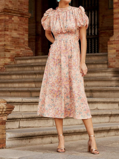 Floral Puff Sleeve Elegant Midi Dress