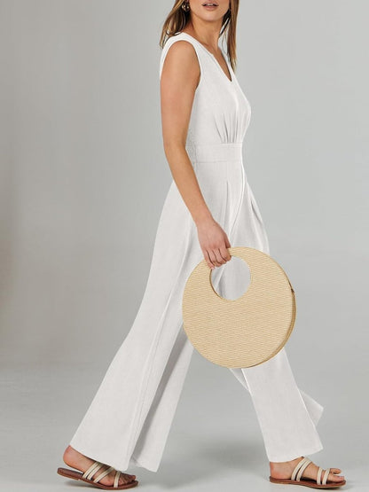 Split Neck Sleeveless Pockets Jumpsuit