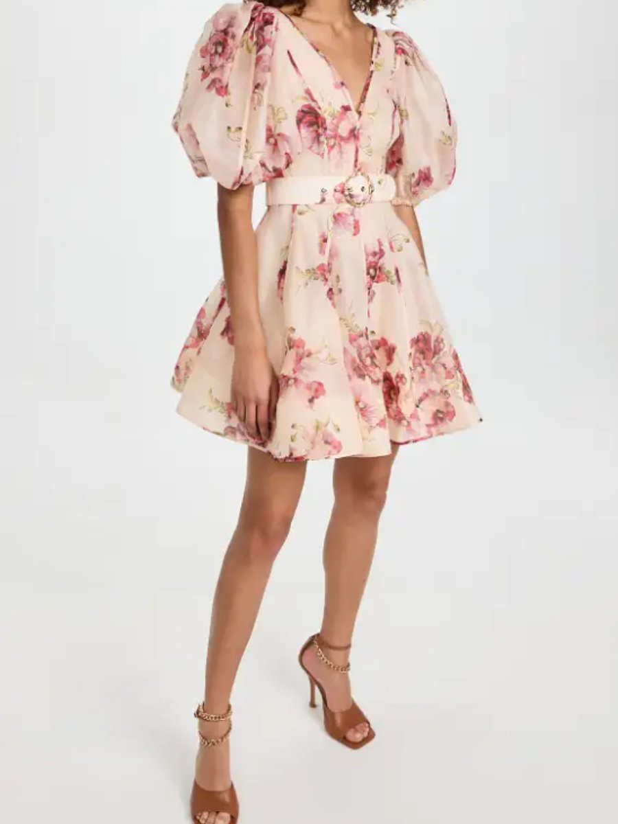 Red Floral Puff Sleeve Mini Dress