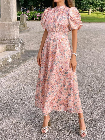 Floral Puff Sleeve Elegant Midi Dress