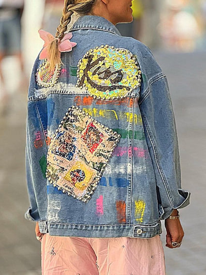 Sequin Embroidered Studded Denim Jacket