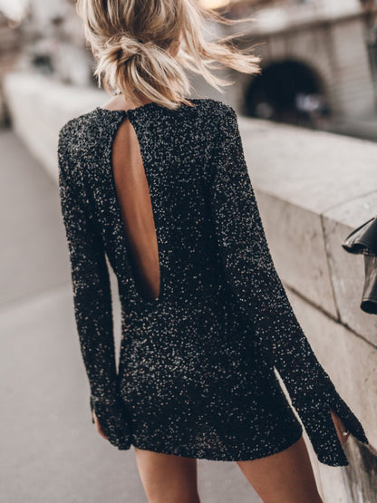 Sequined Glitter Backless Long Sleeve Dress