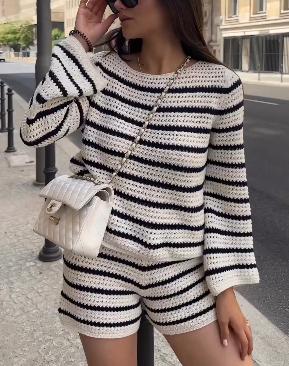 Striped Cutout Long Sleeve Knit