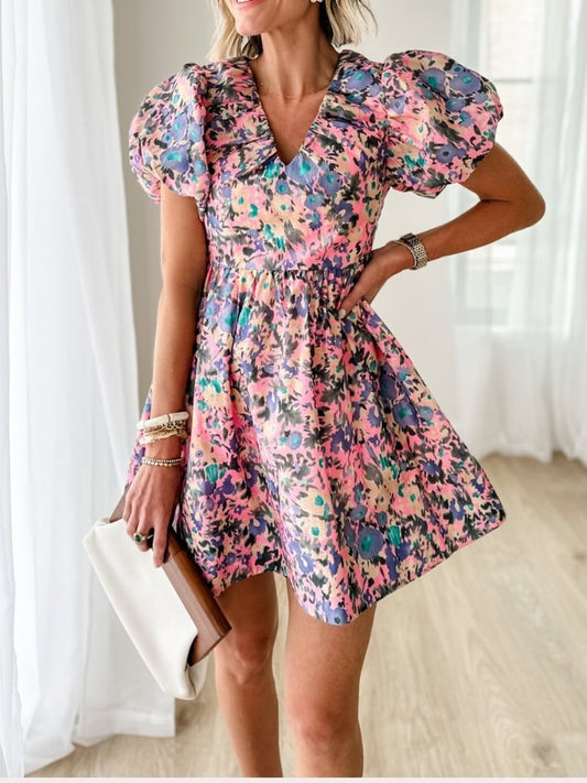 Pink Floral Puff Sleeve Mini Dress