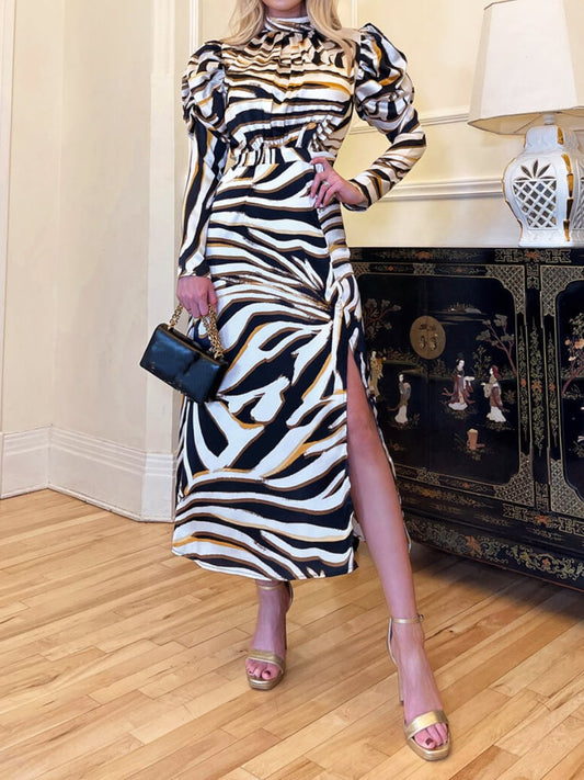 High Neck Puff Sleeve Midi Dress