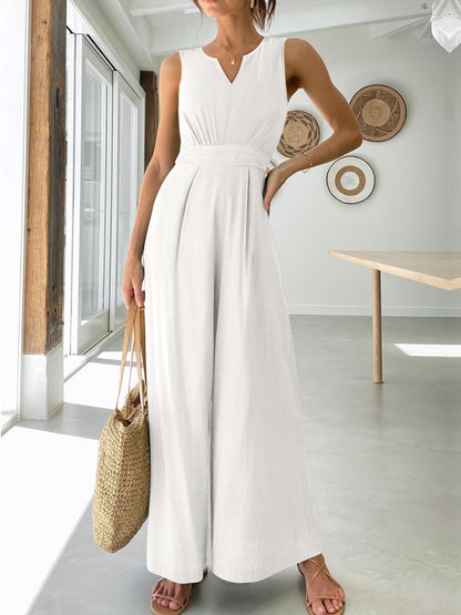 Split Neck Sleeveless Pockets Jumpsuit